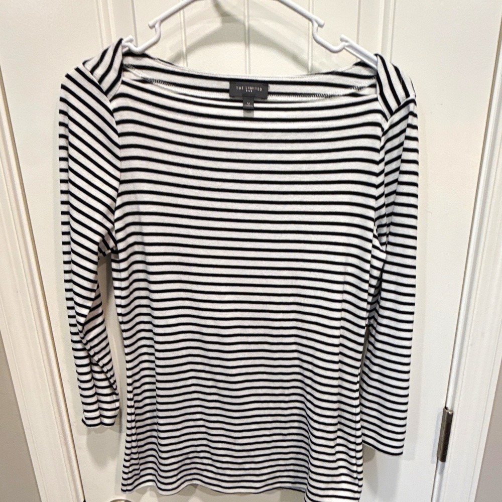 The Limited Women's Black White Striped Knit Boat Neck 3/4 Sleeve Blouse, M